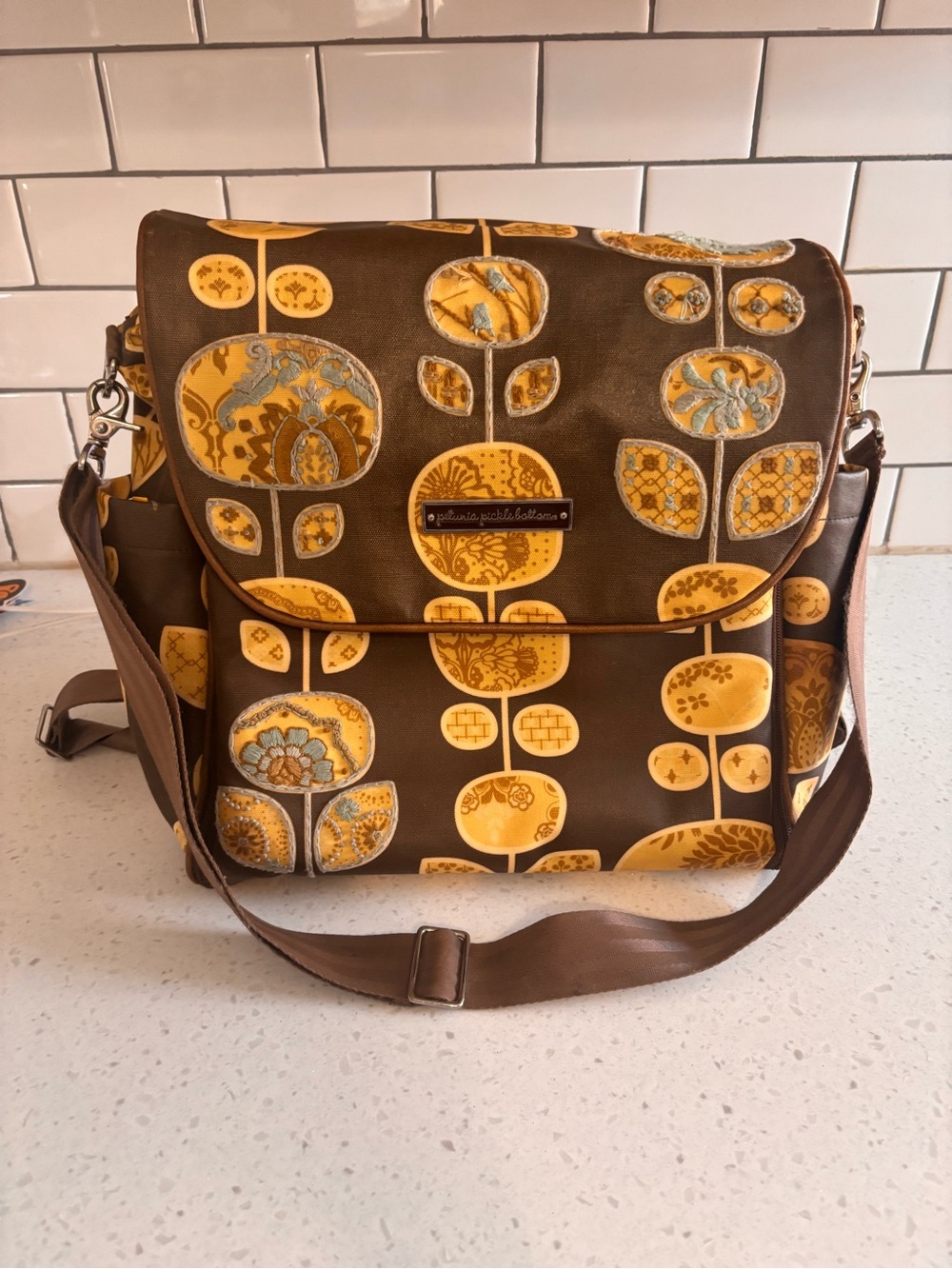 Petunia Pickle Bottom Brown & Yellow Floral Messenger Diaper Bag